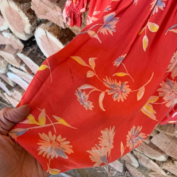 Free People Women’s XS Prairie Western Red Floral Dress Boho Puff Sleeve Peasant - Picture 9 of 12